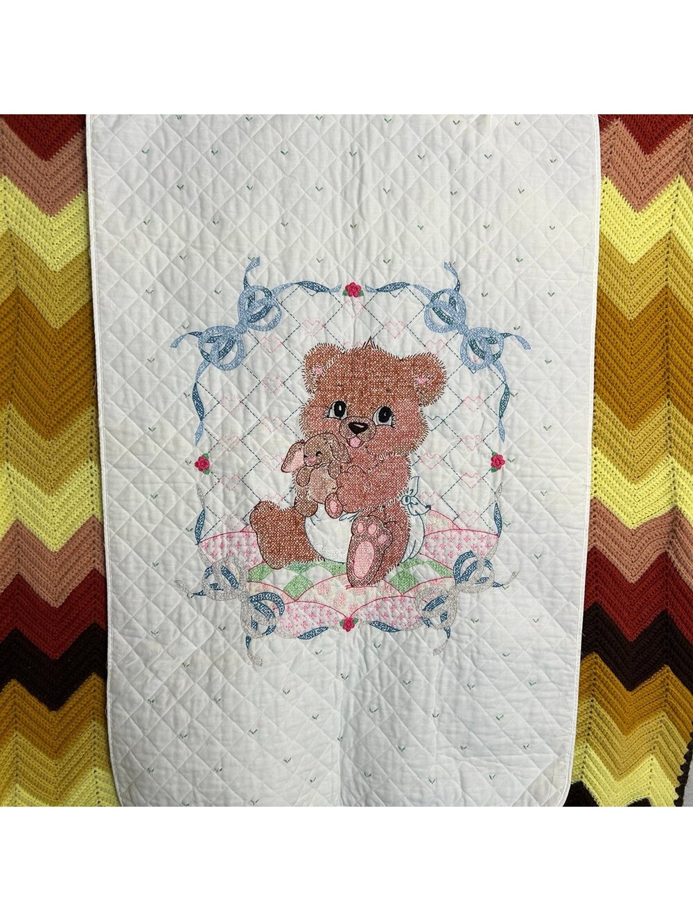 Quilted 80s cross-stitched baby blanket boy or girl hand made gender neutral vtg
